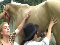 Two sluts shares a horse xxx cock